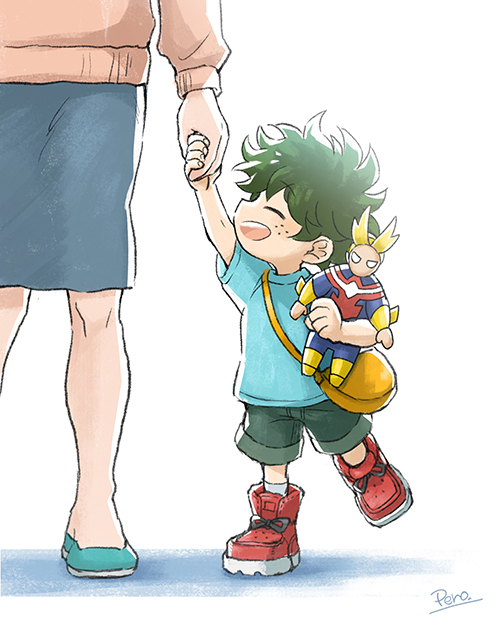 1boy 1girl all_might artist_name bag bangs blue_skirt boku_no_hero_academia character_doll child commentary_request doll freckles green_footwear green_hair green_shorts grey_background holding holding_doll holding_hands long_sleeves midoriya_inko midoriya_izuku mother_and_son open_mouth pero_(pero56870578) red_footwear shorts skirt smile white_footwear younger
