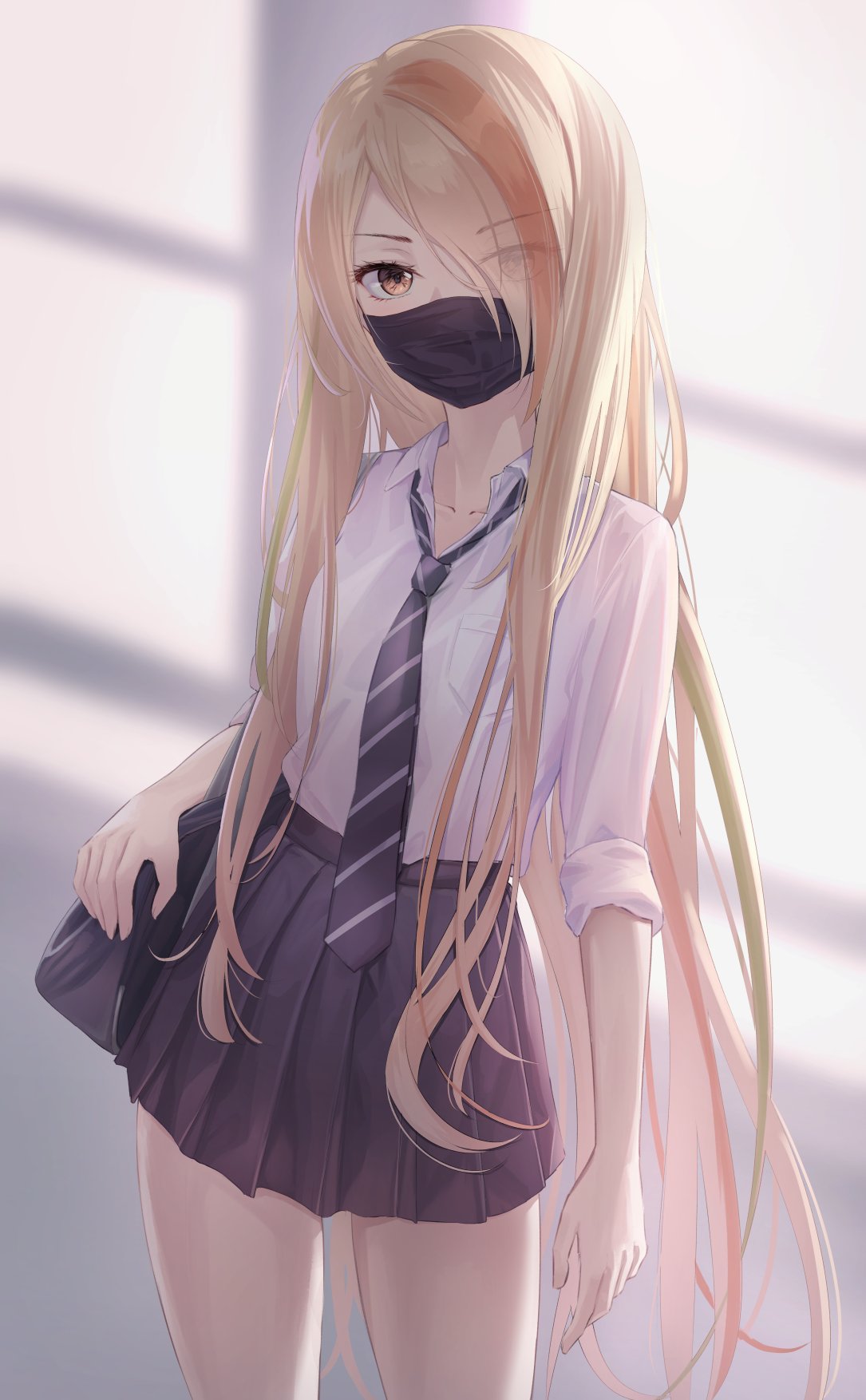 1girl bag bangs black_neckwear black_skirt blonde_hair brown_eyes highres long_hair looking_at_viewer marinesnow mask mouth_mask multicolored_hair necktie nikaidou_saki parted_bangs school_bag school_uniform shirt skirt sleeves_rolled_up streaked_hair white_shirt zombie_land_saga