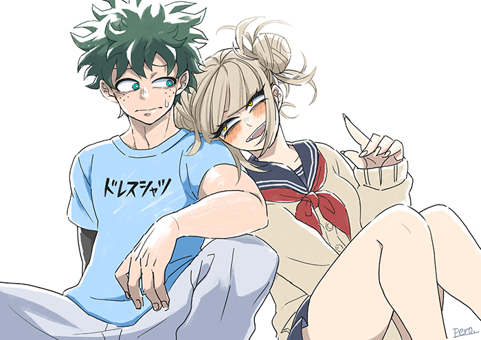 1boy 1girl :d bangs blonde_hair blue_pants blue_shirt blush boku_no_hero_academia brown_jacket commentary_request double_bun feet_out_of_frame freckles green_eyes green_hair grey_background hand_up jacket leaning_on_person looking_at_another messy_hair midoriya_izuku open_mouth pants pero_(pero56870578) sailor_collar school_uniform shirt short_sleeves simple_background sitting skirt sleeves_past_wrists smile toga_himiko translation_request upper_teeth