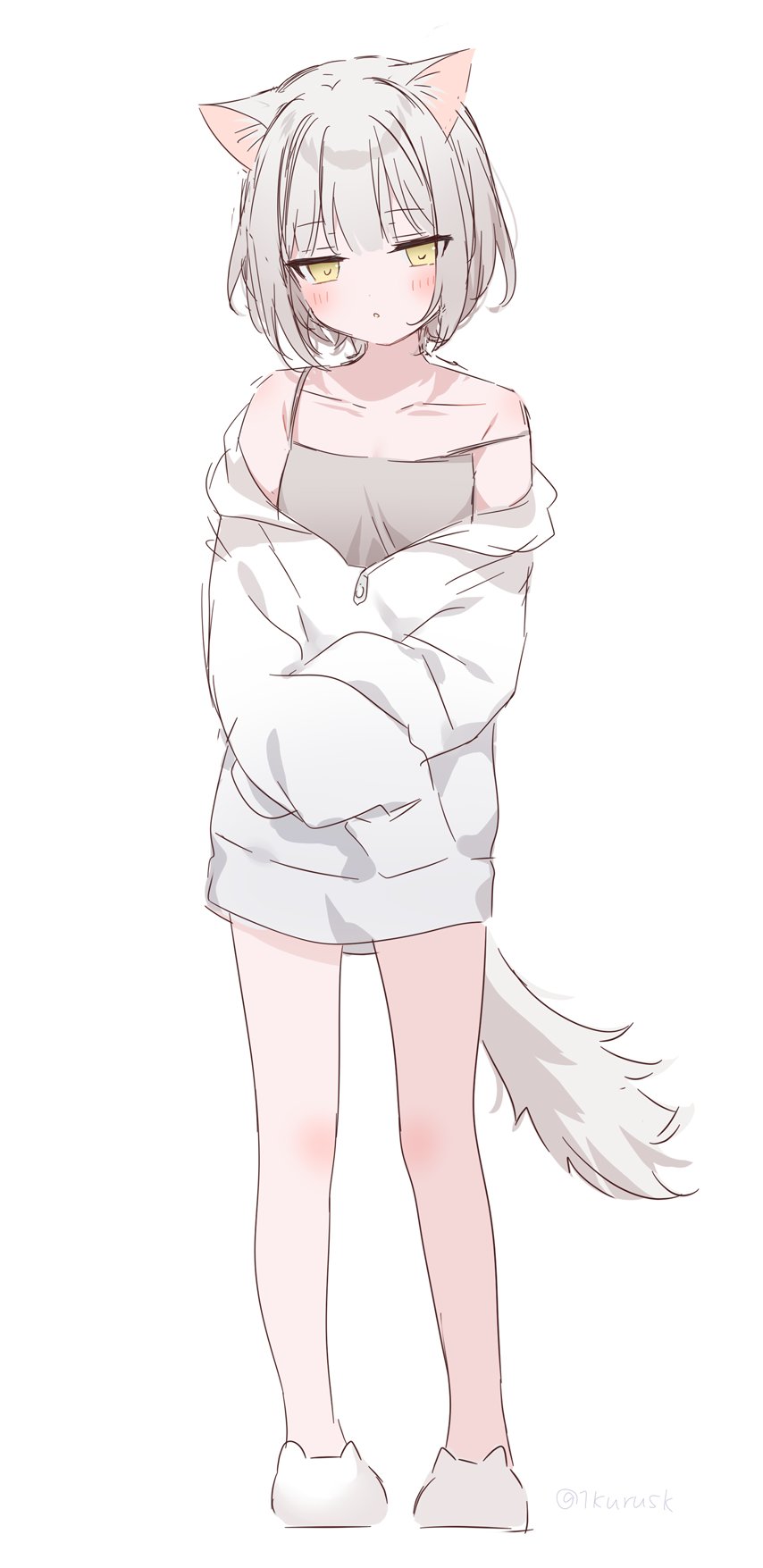 1girl :o animal_ear_fluff animal_ears animal_slippers bangs blush brown_eyes camisole collarbone commentary eyebrows_visible_through_hair full_body grey_camisole grey_hair highres hood hoodie mafuyu_(chibi21) off_shoulder original parted_lips simple_background slippers solo standing strap_slip tail twitter_username white_background white_footwear white_hoodie work_in_progress