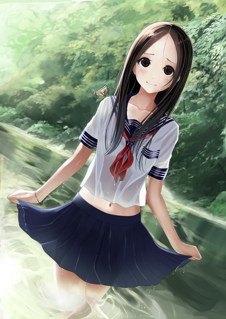 1girl bangs blush bra brown_eyes brown_hair eyebrows_visible_through_hair full_body holding karakai_jouzu_no_takagi-san kentaurosu long_hair looking_at_viewer navel pleated_skirt school_uniform see-through serafuku sheer_legwear simple_background skirt smile solo standing takagi-san thigh-highs underwear wet wet_clothes x-ray