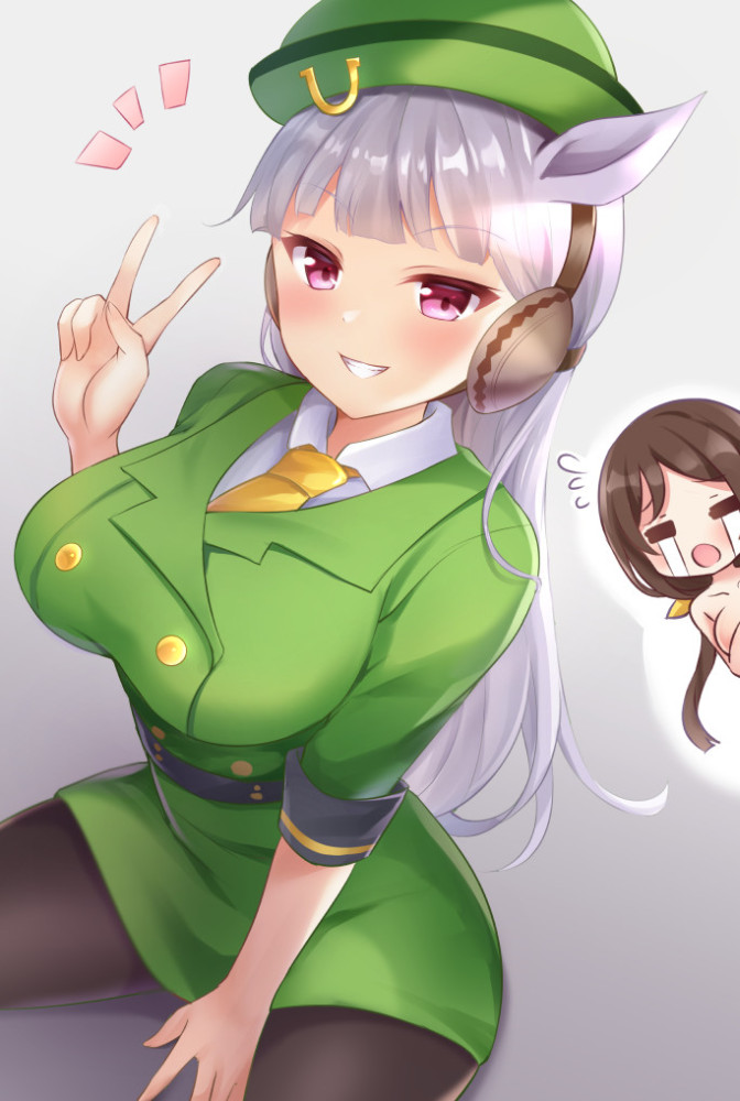 2girls animal_ears black_legwear blush breasts brown_hair cosplay eyebrows_visible_through_hair gold_ship_(umamusume) green_headwear green_jacket grin hat hayakawa_tazuna hayakawa_tazuna_(cosplay) horse_ears horse_girl jacket large_breasts long_hair multiple_girls nikoo pantyhose short_sleeves silver_hair smile umamusume violet_eyes