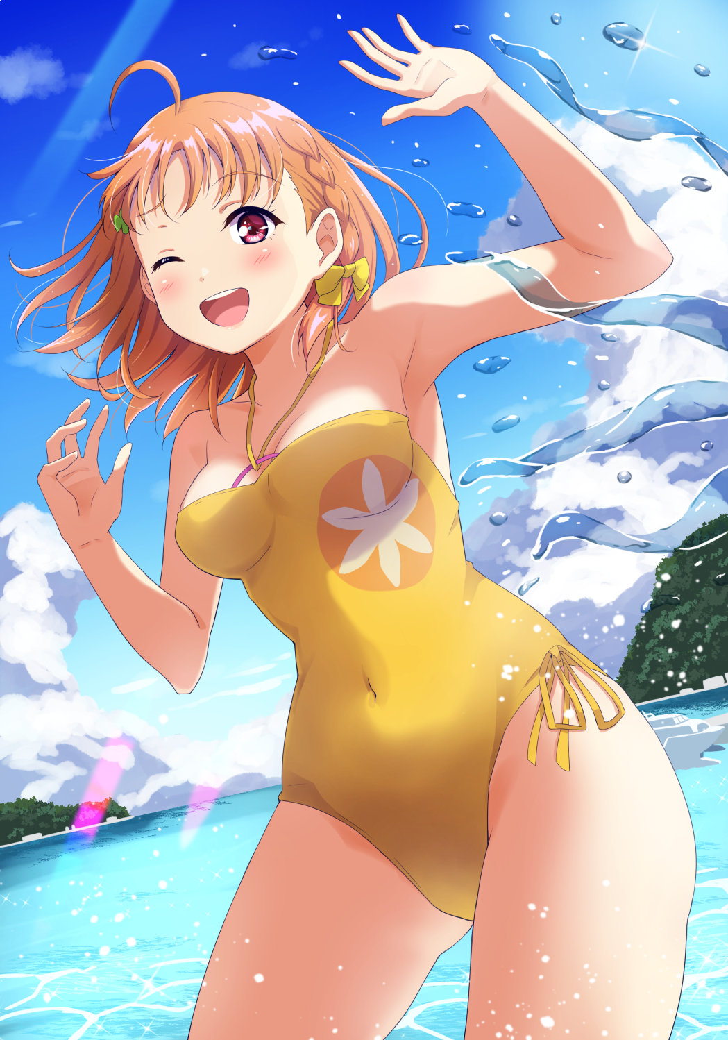 1girl ahoge blue_sky braid breasts casual_one-piece_swimsuit clouds clover_hair_ornament commentary_request cowboy_shot day dutch_angle hair_ornament highres looking_at_viewer love_live! love_live!_sunshine!! medium_breasts one-piece_swimsuit one_eye_closed open_mouth orange_hair outdoors qy73 red_eyes ribbon round_teeth short_hair side-tie_swimsuit side_braid sky solo splashing standing swimsuit takami_chika teeth upper_teeth yellow_ribbon yellow_swimsuit