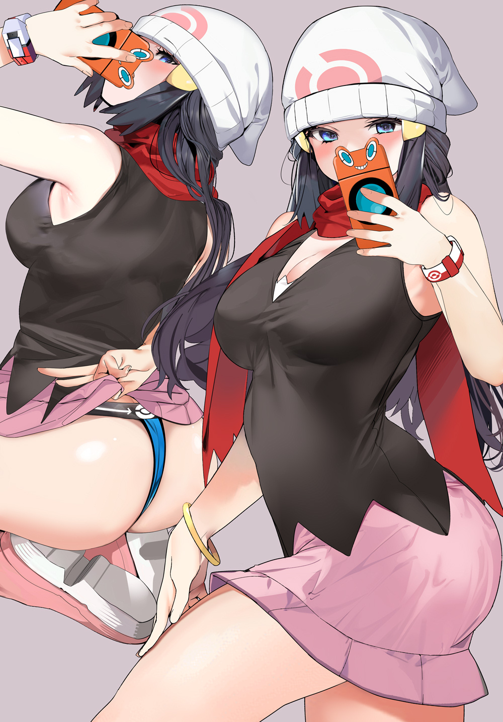 1girl ass bangs beanie black_hair black_shirt blue_eyes blush breasts cellphone hikari_(pokemon) gen_4_pokemon hair_ornament hairclip hat highres large_breasts long_hair looking_at_viewer marushin_(denwa0214) multiple_views phone pink_skirt pokemon pokemon_(game) pokemon_dppt red_scarf rotom rotom_phone scarf shirt sidelocks skirt sleeveless sleeveless_shirt thighs white_headwear wristband