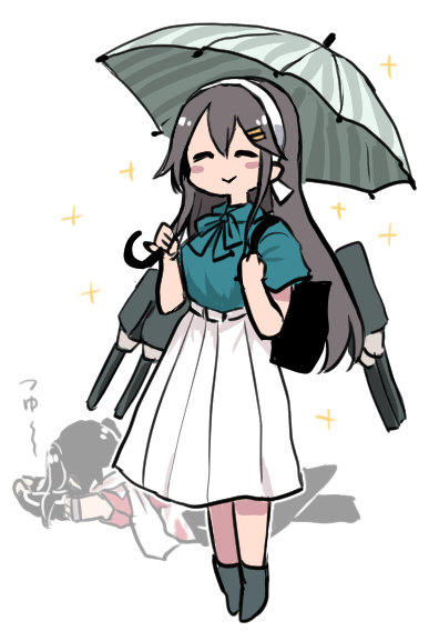 2girls bag bangs black_hair blue_shirt blush breasts closed_eyes grey_hair hair_ornament hairband hairclip haruna_(kancolle) holding holding_umbrella kantai_collection long_hair multiple_girls official_alternate_costume remodel_(kantai_collection) rigging scarf sendai_(kancolle) shirt short_sleeves shoulder_bag simple_background skirt smile sparkle standing terrajin umbrella white_background white_hairband white_scarf white_skirt