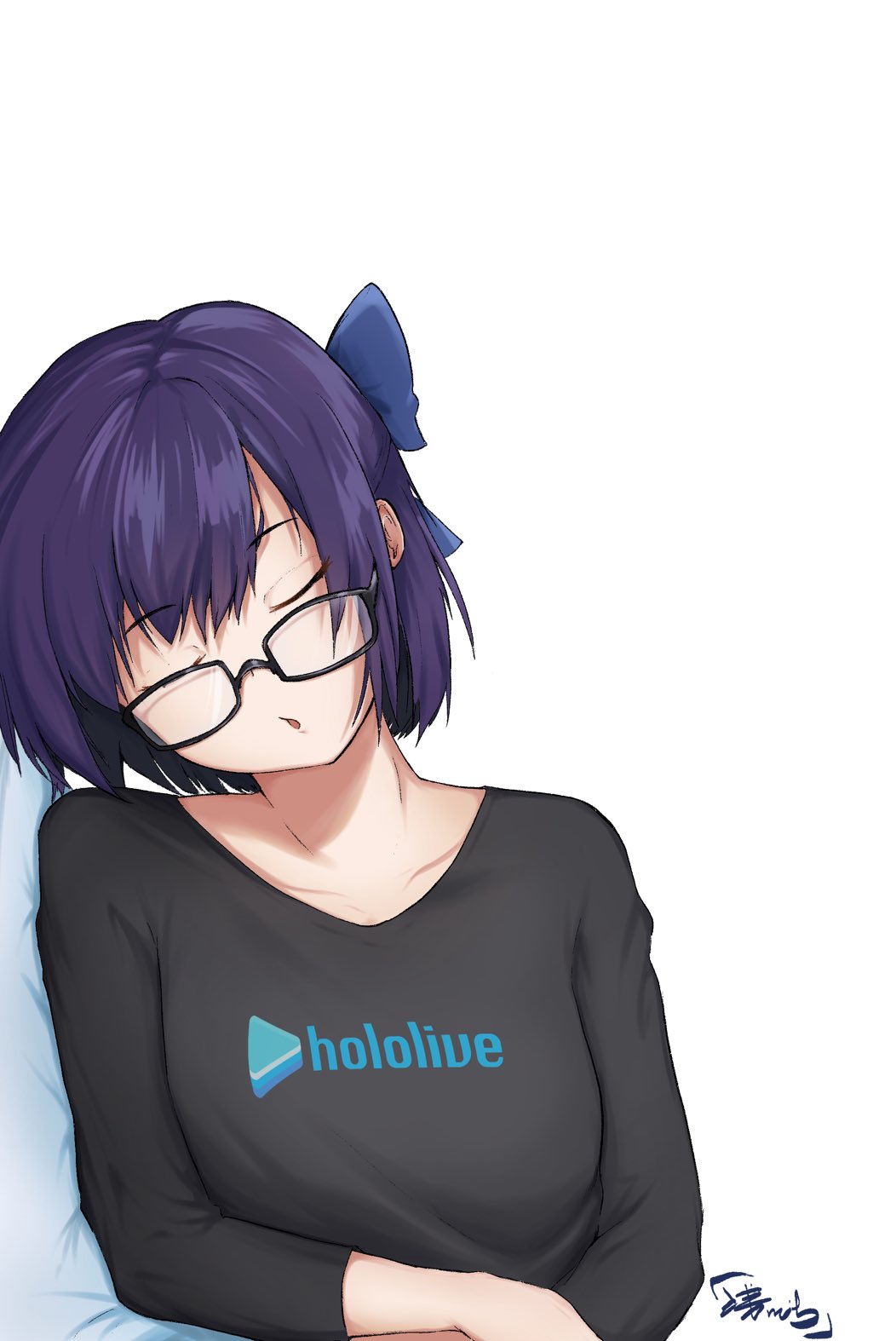 1girl a-chan_(hololive) asamichiiart black-framed_eyewear blue_bow bow closed_eyes commentary_request eyebrows_visible_through_hair glasses hair_bow highres hololive lying on_side purple_hair short_hair simple_background sleeping virtual_youtuber white_background