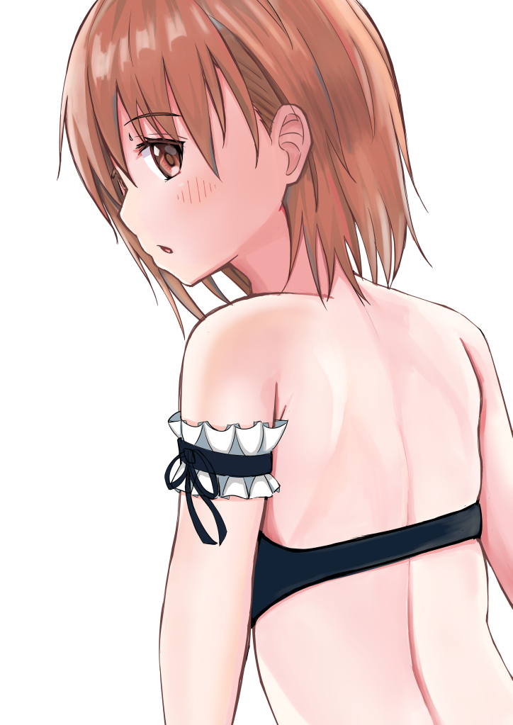 1girl 3535mb armband back bangs blush breasts brown_eyes brown_hair commentary from_behind looking_at_viewer looking_back misaka_mikoto parted_lips short_hair simple_background swimsuit toaru_kagaku_no_railgun toaru_majutsu_no_index upper_body white_background