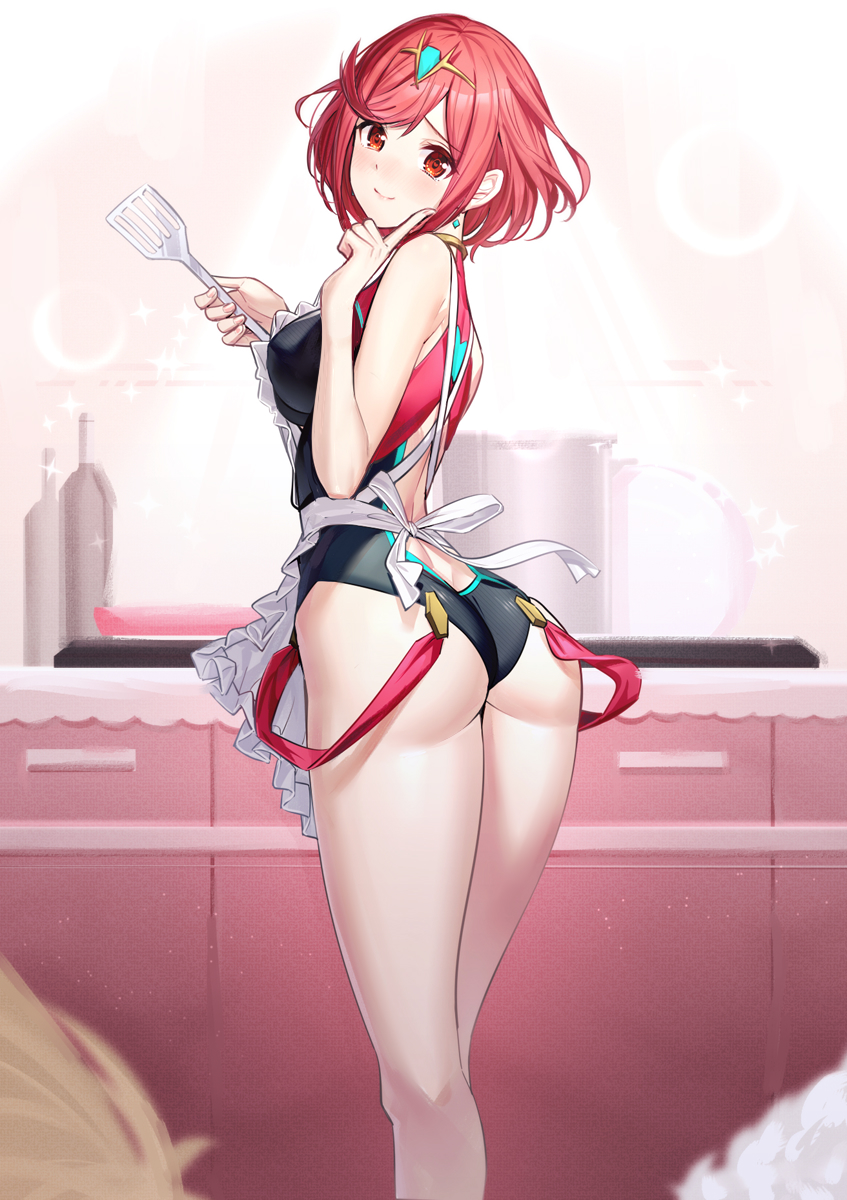 1girl apron ass backless_leotard bare_arms bare_shoulders black_leotard blush breasts closed_mouth commentary_request competition_swimsuit earrings frilled_apron frills from_behind hands_up head_tilt headpiece highres holding index_finger_raised jewelry large_breasts leotard looking_at_viewer looking_back one-piece_swimsuit pyra_(pro_swimmer)_(xenoblade) pyra_(xenoblade) red_eyes redhead ririko_(zhuoyandesailaer) smile solo spatula standing swimsuit white_apron xenoblade_chronicles_(series) xenoblade_chronicles_2