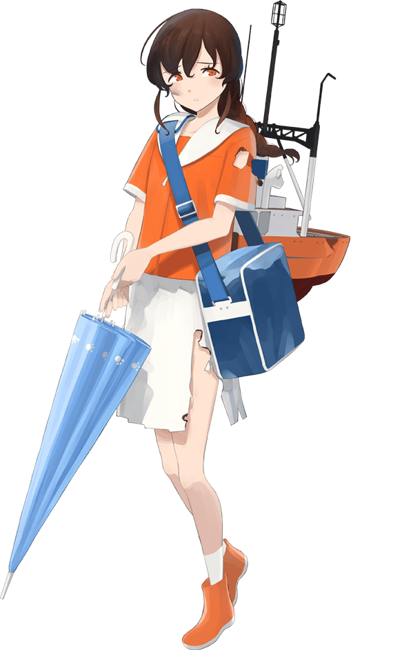 1girl blue_bag boat brown_hair closed_umbrella female holding_umbrella kantai_collection looking_to_the_side official_art orange_shirt solo torn_clothes transparent_background