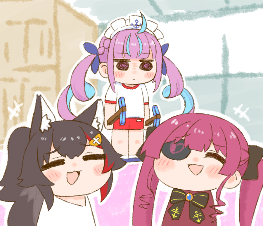 +++ 3girls :d ^_^ ahoge anchor animal_ear_fluff animal_ears black_bow black_hair blue_hair blue_ribbon blush bow braid closed_eyes closed_mouth commentary_request dual_wielding eyepatch gym_shirt gym_shorts gym_uniform hair_bow hair_ribbon heart holding hololive houshou_marine long_hair minato_aqua minecraft multicolored_hair multiple_girls nekoyama ookami_mio open_mouth outline pickaxe pink_hair ponytail purple_hair red_shirt red_shorts redhead ribbon shirt short_shorts short_sleeves shorts smile streaked_hair twintails two-tone_hair very_long_hair virtual_youtuber white_outline white_shirt wolf_ears