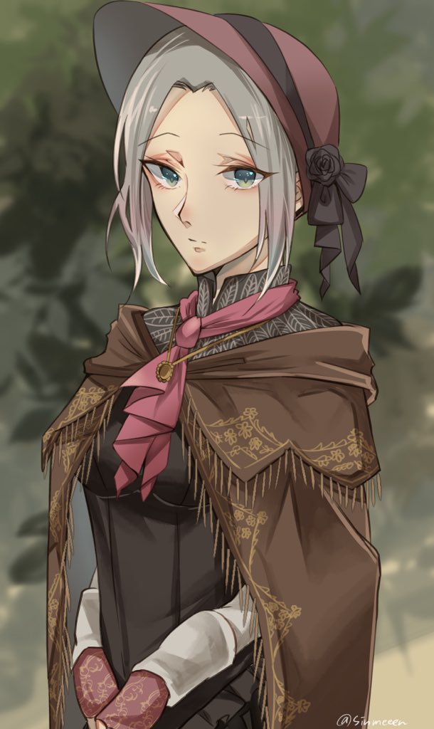 1girl bangs bloodborne blurry blurry_background bonnet breasts cape cloak closed_mouth dress eyebrows_visible_through_hair flower gloves green_eyes hat jewelry looking_at_viewer medium_breasts plain_doll rose shinshumen silver_hair solo swept_bangs white_hair