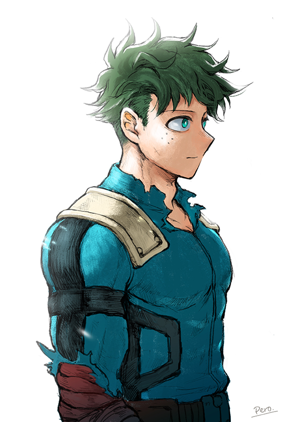 1boy alternate_hairstyle arm_at_side artist_name bangs belt bodysuit boku_no_hero_academia brown_belt closed_mouth collarbone freckles from_side green_bodysuit green_eyes green_hair grey_background male_focus messy_hair midoriya_izuku pectorals pero_(pero56870578) short_hair simple_background smile solo torn_bodysuit torn_clothes upper_body white_background