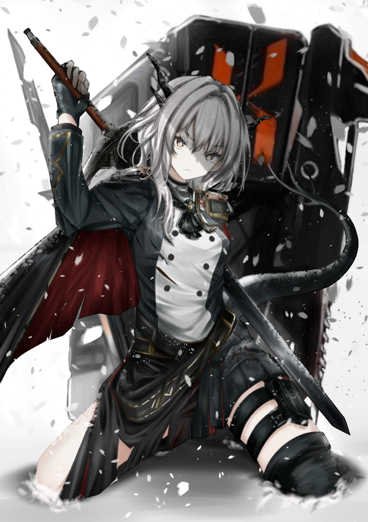 1girl arknights ascot black_gloves black_neckwear black_shirt black_skirt dragon_girl dragon_horns dragon_tail gloves grey_hair hair_intakes holding holding_sword holding_weapon horns kneeling looking_at_viewer reunion_logo_(arknights) shield shirt short_hair skirt snow solo sword sword_behind_back tail talulah_(arknights) thigh_strap tktk-tnk v-shaped_eyebrows weapon white_background yellow_eyes