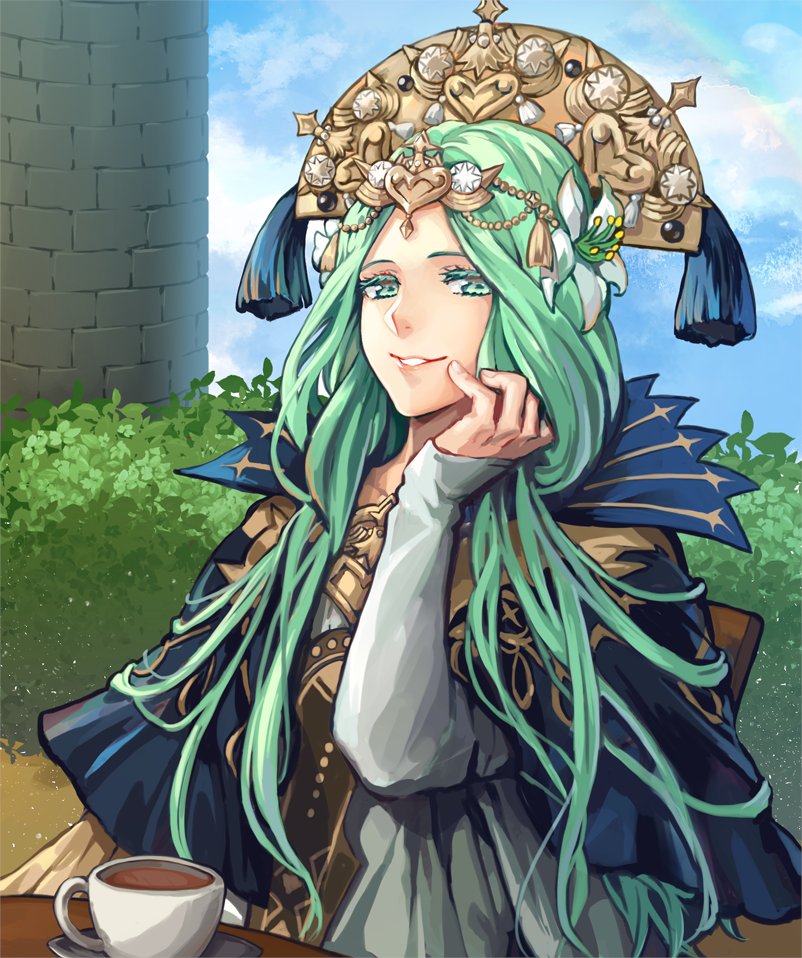 1girl bangs blue_capelet capelet chair clouds commentary crown cup day dress english_commentary fingernails fire_emblem fire_emblem:_three_houses fire_emblem:_three_houses fire_emblem_16 flower forehead goddess green_eyes green_hair hair_flower hair_ornament hand_on_own_face intelligent_systems jewelry jin_(phoenixpear) lips long_hair long_sleeves looking_at_viewer nintendo outdoors parted_bangs parted_lips pink_lips plant rhea_(fire_emblem) sitting sky smile solo table teacup teeth tiara very_long_hair white_dress white_flower