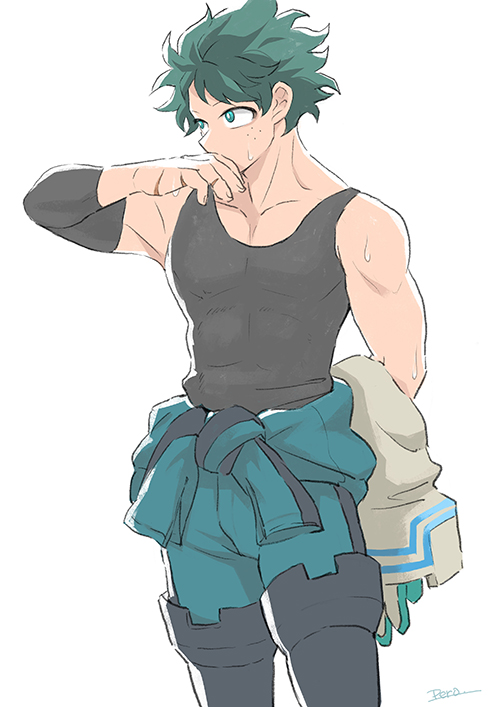 1boy bangs bare_shoulders black_sleeves black_tank_top bodysuit boku_no_hero_academia boots clothes_around_waist collarbone commentary_request cowboy_shot detached_sleeves freckles from_side gloves green_eyes green_hair grey_background male_focus midoriya_izuku pectorals pero_(pero56870578) scar_on_hand short_hair simple_background smile solo sweatdrop tank_top thigh-highs thigh_boots white_background