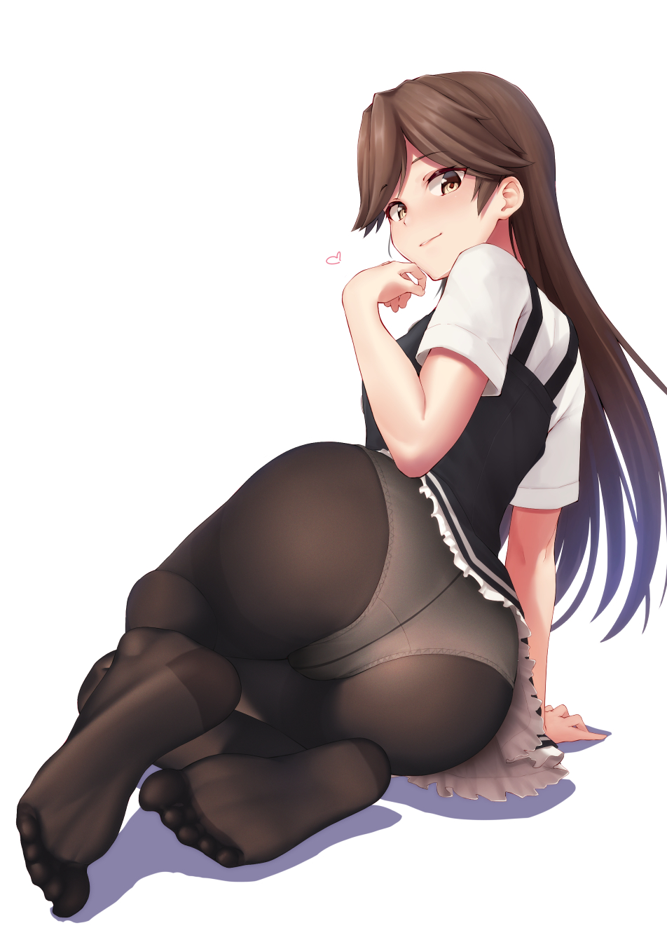 1girl arashio_(kancolle) ass black_dress black_legwear brown_eyes brown_hair commentary_request dress feet from_behind heart highres kantai_collection long_hair looking_at_viewer looking_back moose_(moosemitchell2) no_shoes panties panties_under_pantyhose pantyhose pinafore_dress remodel_(kantai_collection) shirt short_sleeves smile soles solo thighband_pantyhose toes underwear white_shirt