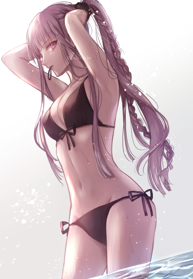 1girl armpits arms_up bangs bare_arms bare_shoulders bikini black_bikini braid breasts commentary_request cowboy_shot dangan_ronpa:_trigger_happy_havoc dangan_ronpa_(series) dangan_ronpa_s:_ultimate_summer_camp from_side front-tie_bikini front-tie_top gloves in_water kirigiri_kyouko large_breasts long_hair looking_at_viewer mouth_hold navel side-tie_bikini solo standing stomach swimsuit violet_eyes water wet z-epto_(chat-noir86)