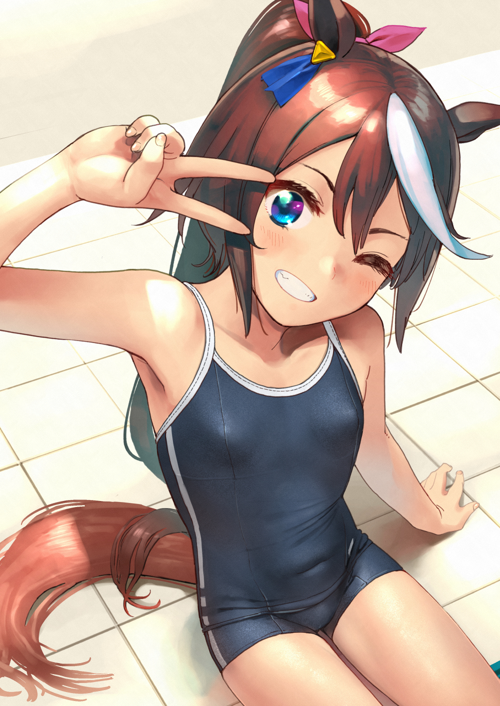 1girl animal_ears bangs bare_arms bare_shoulders blue_eyes blush breasts brown_hair collarbone commentary_request eyebrows_visible_through_hair hair_flaps highres horse_ears horse_girl horse_tail long_hair multicolored_hair one-piece_swimsuit open_mouth ponytail poolside shiden_(sashimi_no_wife) small_breasts smile solo streaked_hair swimsuit tail tokai_teio_(umamusume) two-tone_hair umamusume v white_hair
