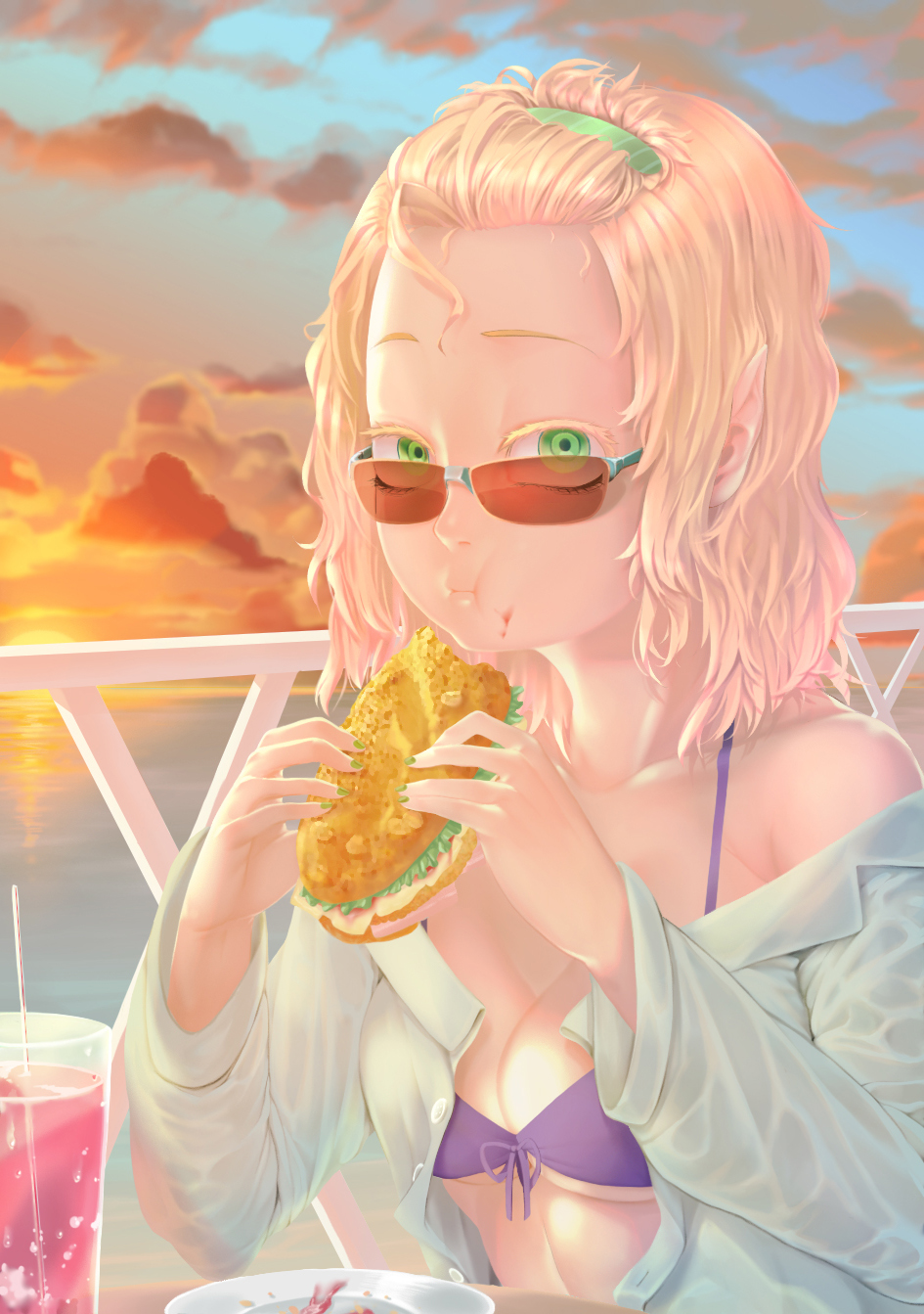 1girl alternate_costume alternate_hairstyle bangs bikini blonde_hair breasts cheese closed_mouth clouds commentary_request cup day drinking_straw eating food food_bite green_eyes hair_pulled_back highres holding holding_food lettuce looking_at_viewer meat medium_breasts medium_hair mizuhashi_parsee ocean orange_sky outdoors plate pointy_ears purple_bikini railing sakai-saka sandwich shirt sky solo sun sunglasses sunset swimsuit touhou upper_body water white_shirt