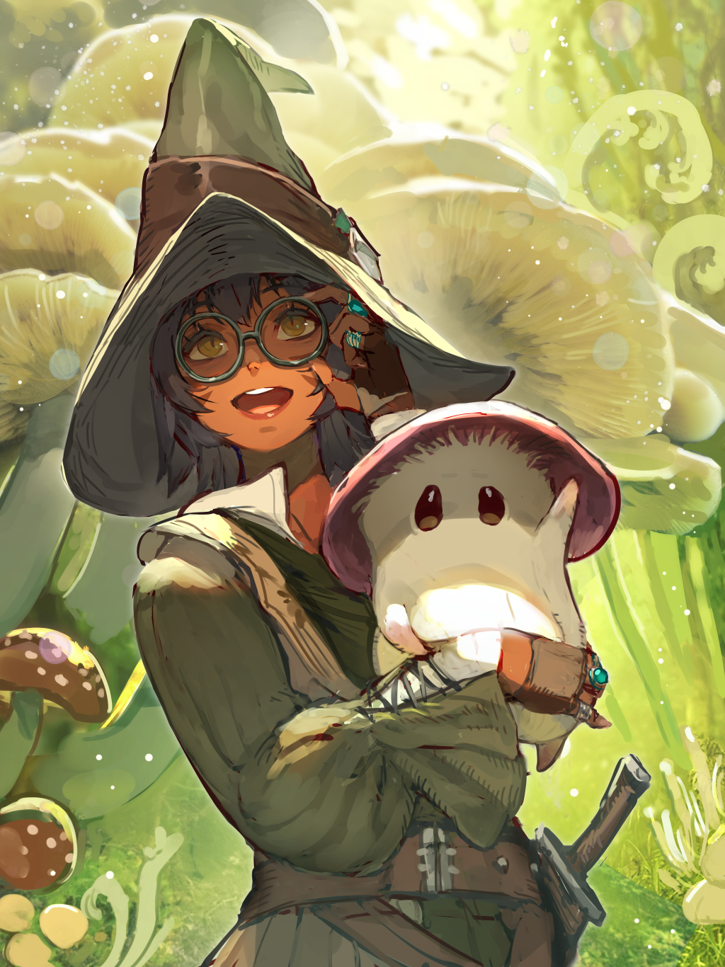 1girl bangs black_hair dark-skinned_female dark_skin facial_mark final_fantasy final_fantasy_xiv fingerless_gloves glasses gloves hat hide_(hideout) highres jewelry miqo'te mushroom open_mouth orange_eyes ring round_eyewear short_hair slit_pupils solo upper_body whisker_markings witch_hat