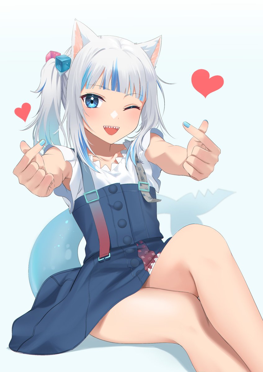 1girl animal_ears bangs blue_eyes blue_hair blush cat_ears fish_tail gawr_gura heart highres hololive hololive_english looking_at_viewer multicolored_hair one_eye_closed open_mouth shark_tail sharp_teeth silver_hair smile solo streaked_hair tail teeth virtual_youtuber