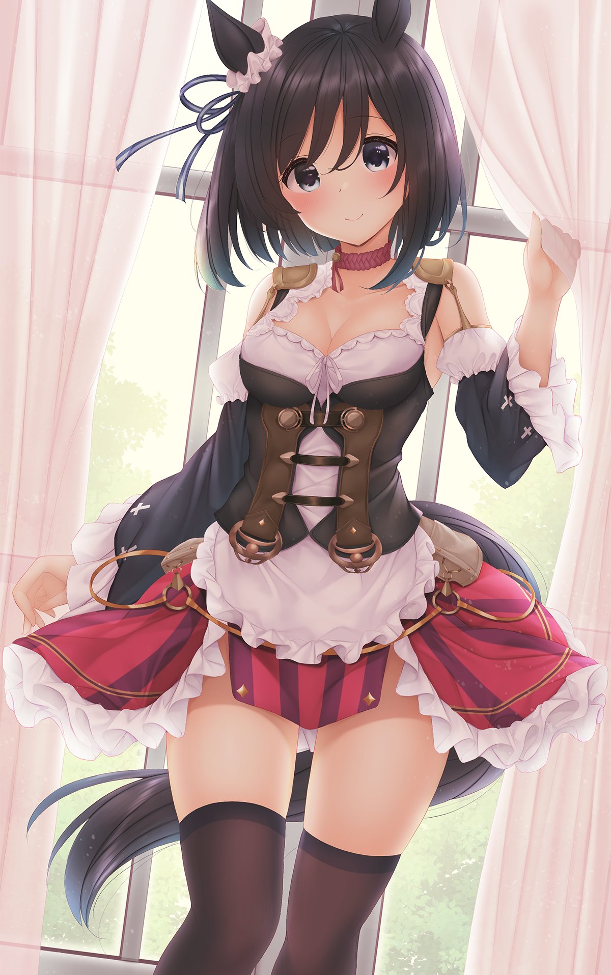 1girl animal_ears black_corset black_hair black_legwear black_sleeves blue_eyes blush breasts cleavage_cutout clothing_cutout collar corset eishin_flash_(umamusume) feet_out_of_frame frills highres horse_ears horse_girl horse_tail looking_at_viewer medium_breasts medium_hair minato_ojitan red_collar shirt smile solo tail thigh-highs umamusume white_shirt