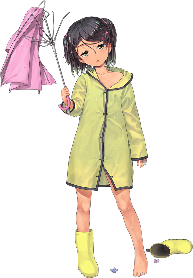 1girl black_hair broken_umbrella child collarbone head_tilt holding_umbrella kantai_collection official_art pink_umbrella short_hair shoulders transparent_background wet