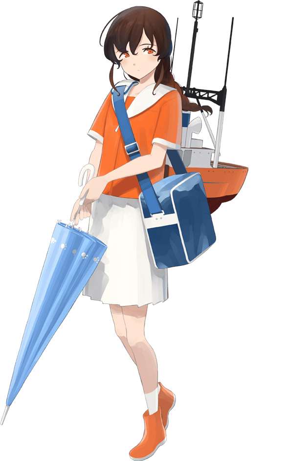 1girl blue_bag boat brown_hair closed_umbrella female holding_umbrella kantai_collection looking_to_the_side official_art orange_shirt skirt solo transparent_background white_skirt