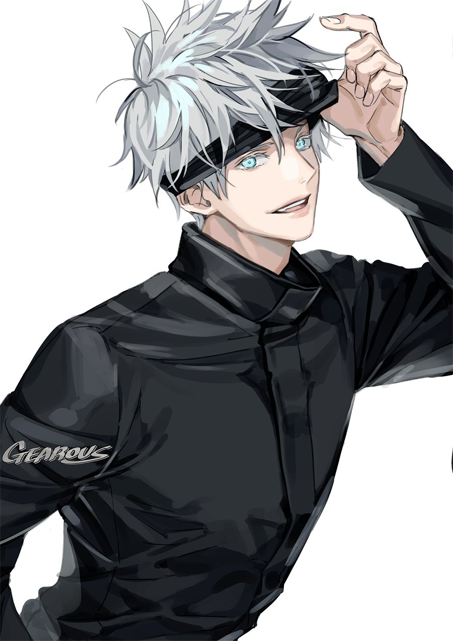 1boy arm_up artist_name bangs black_blindfold black_jacket blindfold blindfold_lift blue_eyes gearous gojou_satoru hair_between_eyes highres jacket jujutsu_kaisen long_sleeves looking_at_viewer male_focus open_mouth short_hair simple_background smile solo upper_body white_background white_hair