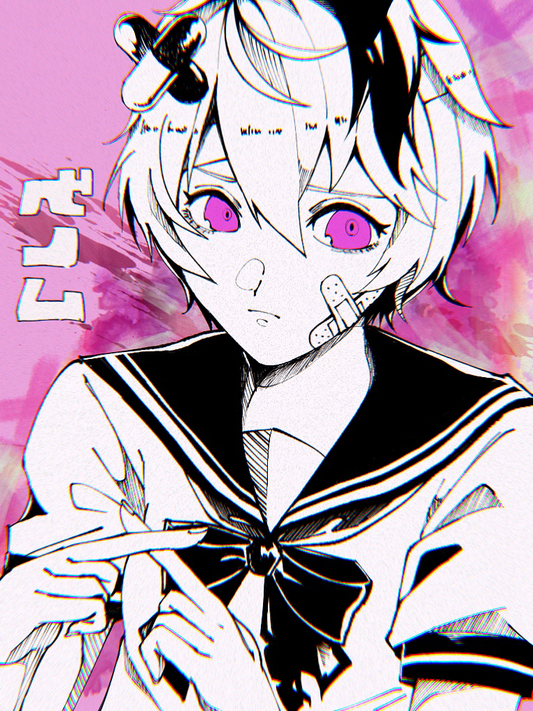 1girl bandages bandaid bandaid_on_face bow bowtie chromatic_aberration collared_shirt flower_(vocaloid) multicolored_hair pill pink_background pink_eyes py_xx2 sailor_collar sailor_shirt shirt short_hair short_sleeves solo streaked_hair upper_body v_flower_(vocaloid4) venom_(vocaloid) vocaloid x_fingers