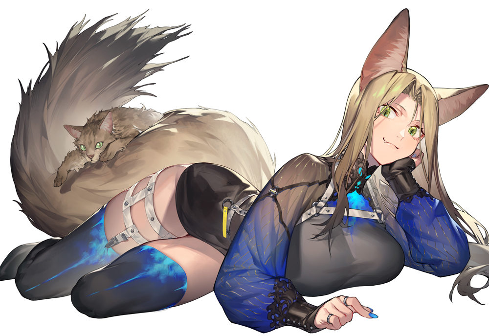 1girl animal_ears blonde_hair blue_legwear blue_nails breasts cat cat_ears cat_girl cat_tail garter_straps green_eyes high_collar large_breasts long_hair long_sleeves lying noy on_side original pencil_skirt skirt slit_pupils tail thigh-highs white_background