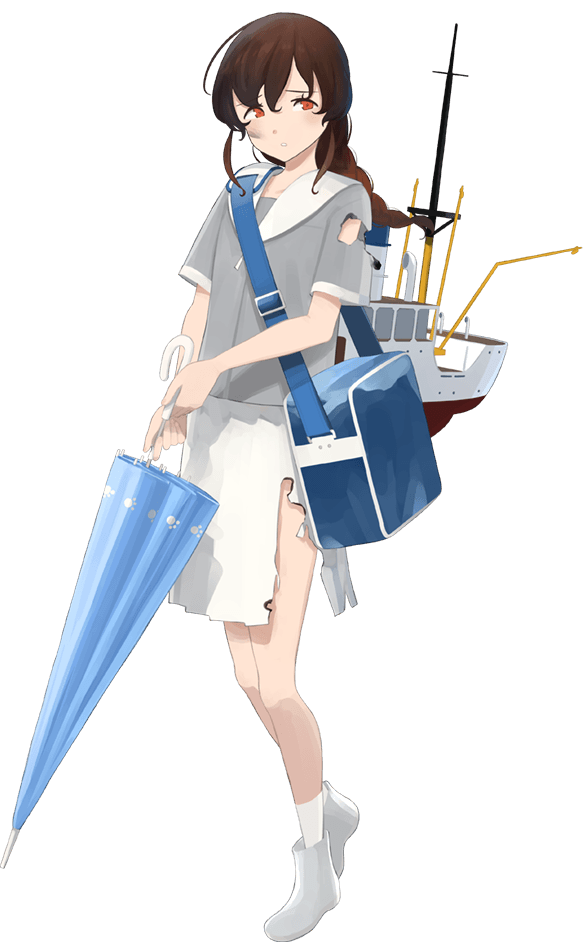 1girl blue_bag boat brown_hair closed_umbrella female holding_umbrella kantai_collection looking_to_the_side official_art solo torn_clothes transparent_background