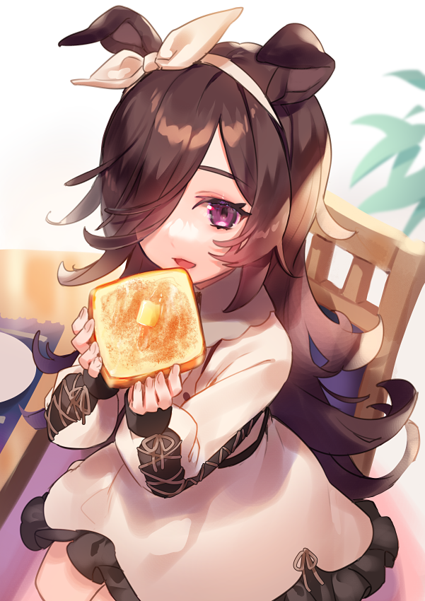 1girl animal_ears bow brown_hair butter casual chair commentary_request dress eating food from_above hair_bow hair_over_one_eye horse_ears horse_girl long_hair long_sleeves looking_at_viewer open_mouth rice_shower_(umamusume) sa9no sitting solo toast umamusume violet_eyes white_dress