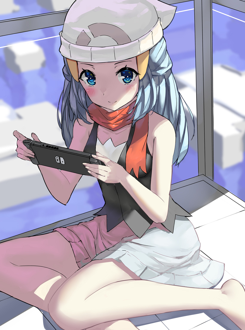 1girl barefoot beanie black_hair black_shirt blue_eyes blush dantahi01 hikari_(pokemon) feet hat legs long_hair nintendo_switch pink_skirt playing_games pokemon pokemon_(game) pokemon_dppt red_scarf scarf shirt sitting skirt sleeveless sleeveless_shirt smile solo thighs white_headwear