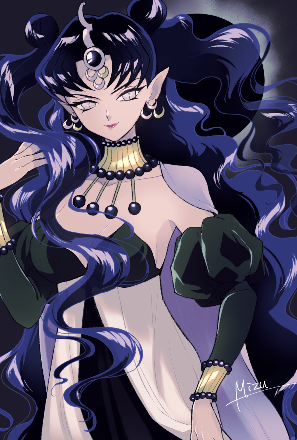 1girl bishoujo_senshi_sailor_moon black_hair crescent crescent_earrings detached_sleeves double_bun earrings forehead_jewel highres jewelry lips long_hair looking_at_viewer mizu_(rain-mbdn) nehelenia_(sailor_moon) pink_lips solo upper_body wavy_hair