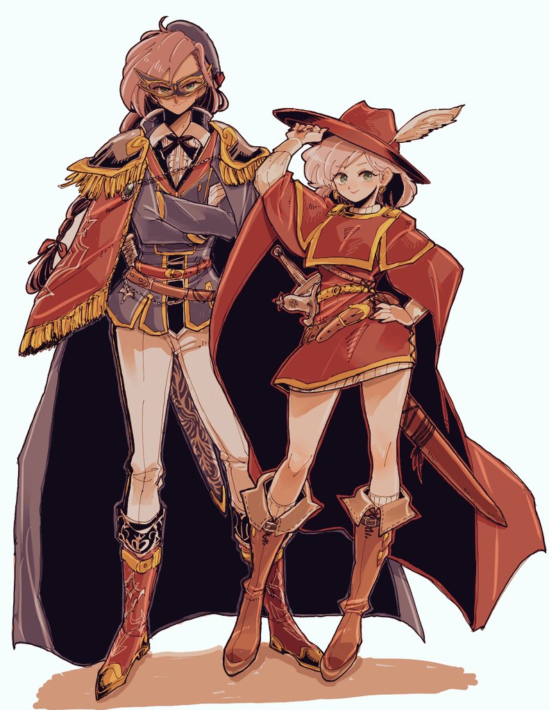 2girls armor belt beret blue_cape blue_mage boots cape crossed_arms faris_scherwiz feathers final_fantasy final_fantasy_v formal green_eyes hat hat_feather leather leather_boots lenna_charlotte_tycoon long_hair looking_at_viewer mask multiple_girls pauldrons pink_hair ponytail purple_hair red_cape red_mage saito_piyoko sheath sheathed short_hair shoulder_armor siblings simple_background sisters smile suit sword tied_hair weapon white_background