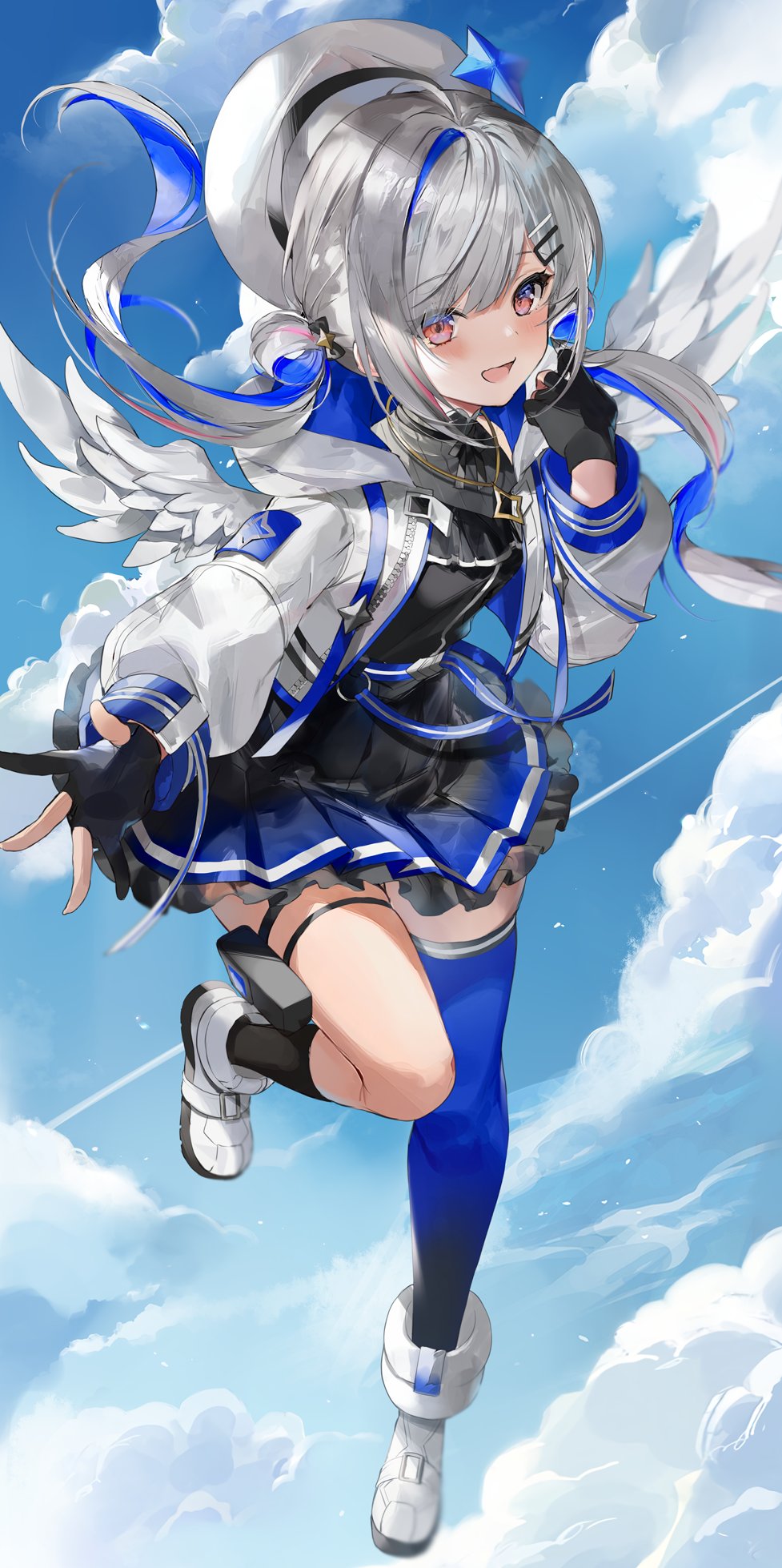 1girl :d amane_kanata asymmetrical_legwear bangs beret black_dress black_gloves black_legwear blue_eyes blue_hair blue_legwear blue_sky blush boots breasts clouds colored_inner_hair commentary_request dress eyebrows_visible_through_hair eyes_visible_through_hair feathered_wings frilled_dress frills gloves gradient gradient_dress gradient_eyes gradient_legwear hair_ornament hair_rings hairclip hand_up hat highres hinahino hololive jacket kneehighs long_hair long_sleeves looking_at_viewer multicolored multicolored_eyes multicolored_hair open_clothes open_jacket open_mouth partially_fingerless_gloves pink_hair pleated_dress red_eyes silver_hair single_kneehigh single_thighhigh sky smile solo star_(symbol) streaked_hair thigh-highs thigh_strap twintails virtual_youtuber white_footwear white_headwear white_jacket white_wings wings