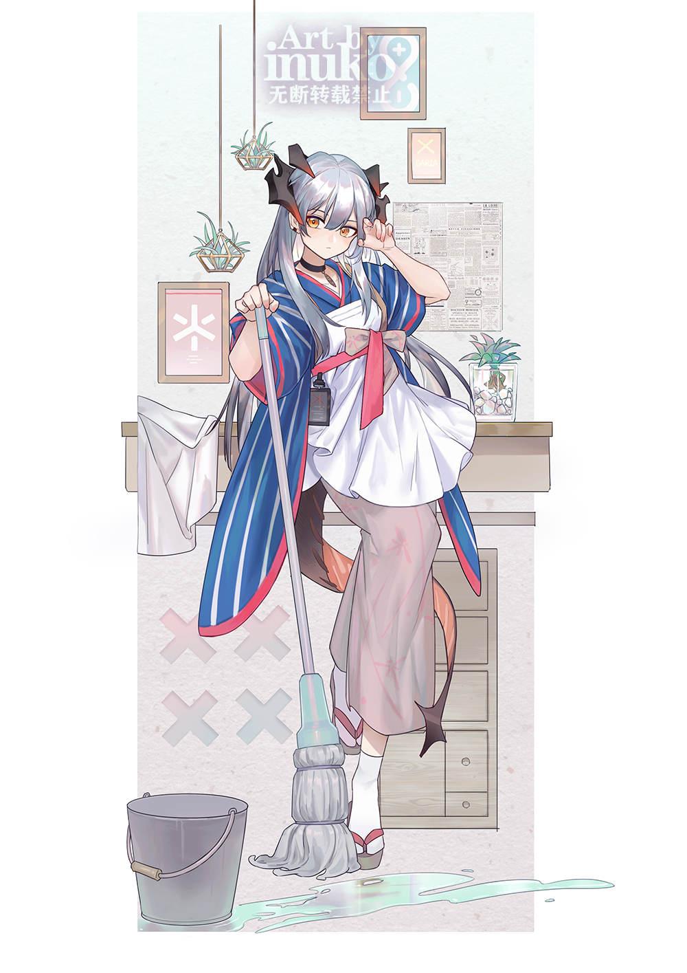 1girl arknights artist_name bangs border bucket choker commentary_request hair_between_eyes hand_on_own_face highres holding holding_mop horns mop nail_polish orange_eyes orange_nails sandals saria_(arknights) silver_hair solo spill tail white_border white_legwear wide_sleeves zhaitengjingcang