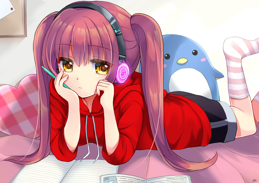 1girl black_shorts book eyebrows_visible_through_hair hands_on_own_face headphones heart_pillow hoodie lying open_book original penguin pillow pink_hair red_hoodie shorts socks