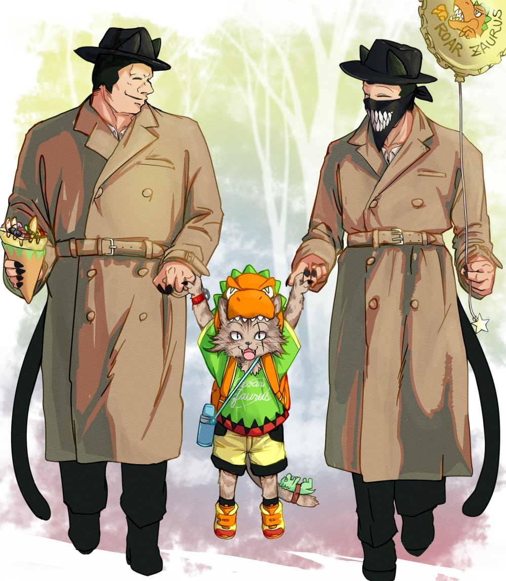 3boys :3 :d animal_ears bag balloon bandana black_footwear black_hair black_nails black_pants brown_coat buttons cat_boy cat_ears cat_tail child coat doitsuken double-breasted ears_through_headwear fedora furry green_shirt grin hat holding long_sleeves multiple_boys open_mouth original pants scar scar_across_eye shirt shoes short_hair short_sleeves shorts smile tail tail_ornament very_short_hair yellow_footwear yellow_shorts