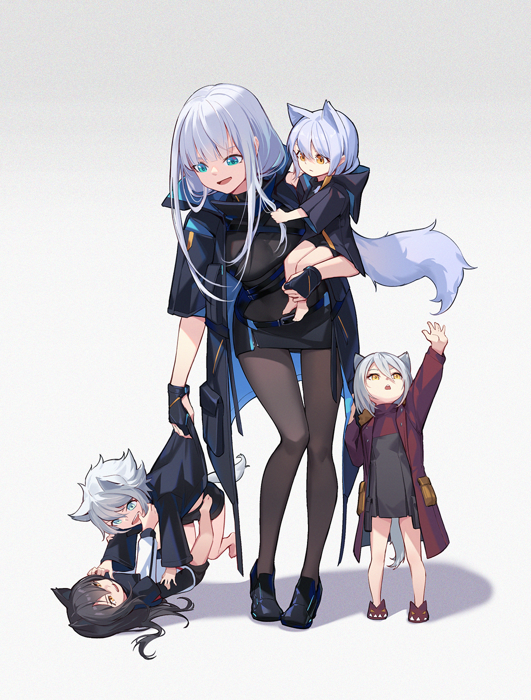 5girls :d animal_ears arknights arm_up bangs barefoot belt black_coat black_dress black_footwear black_gloves black_hair breasts brown_legwear child child_carry closed_mouth coat dress female_doctor_(arknights) finger_in_another's_mouth full_body gloves green_eyes highres hood hood_down hooded_coat lappland_(arknights) leaning_forward lying medium_breasts multiple_girls nian on_back open_clothes open_coat open_mouth pantyhose partially_fingerless_gloves projekt_red_(arknights) provence_(arknights) red_coat red_footwear short_hair silver_hair simple_background slippers smile standing tail texas_(arknights) white_background wolf_ears wolf_girl wolf_tail yellow_eyes younger