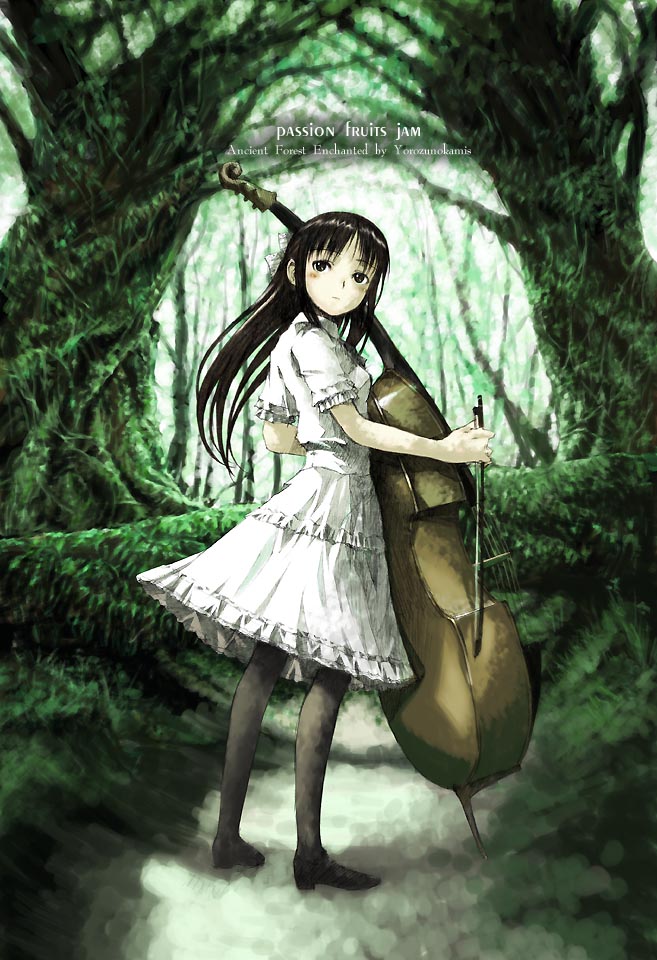 1girl black_hair dress forest instrument loli long_hair looking_back nature original skirt source_request thigh-highs violin white_dress yoneda_taishou