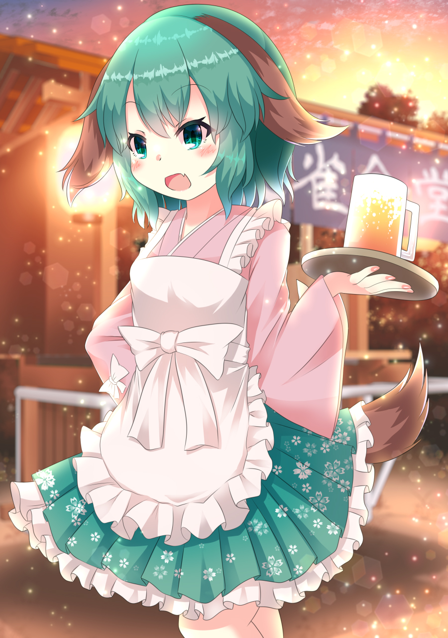 1girl alternate_costume animal_ears apron bangs beer_mug blurry blurry_background bow contrapposto cowboy_shot cup dog_ears eyebrows_visible_through_hair fang floral_print green_eyes green_hair green_skirt hand_on_hip highres holding holding_tray japanese_clothes karasuma_amiru kasodani_kyouko kimono light_particles long_sleeves looking_at_viewer maid mug open_mouth outdoors pink_kimono pink_nails pleated_skirt short_hair skin_fang skirt smile solo standing tail touhou tray wa_maid white_apron white_bow wide_sleeves wolf_ears wolf_tail