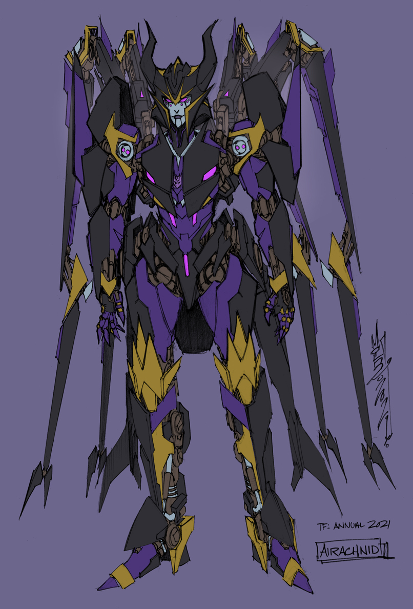 1girl airachnid alex_milne character_sheet decepticon english_commentary horns mecha no_humans official_art open_hands purple_background redesign science_fiction signature smile solo standing the_transformers_(idw) transformers violet_eyes