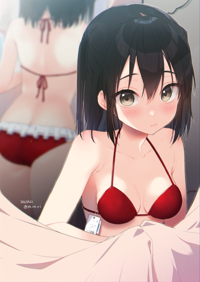 1girl ass bangs bikini black_hair blush breasts changing_room closed_mouth commission covering curtains dated frilled_bikini frills hair_between_eyes hair_down kantai_collection koruri looking_at_viewer medium_breasts medium_hair mirror price_tag red_bikini reflection sendai_(kancolle) skeb_commission solo swimsuit twitter_username