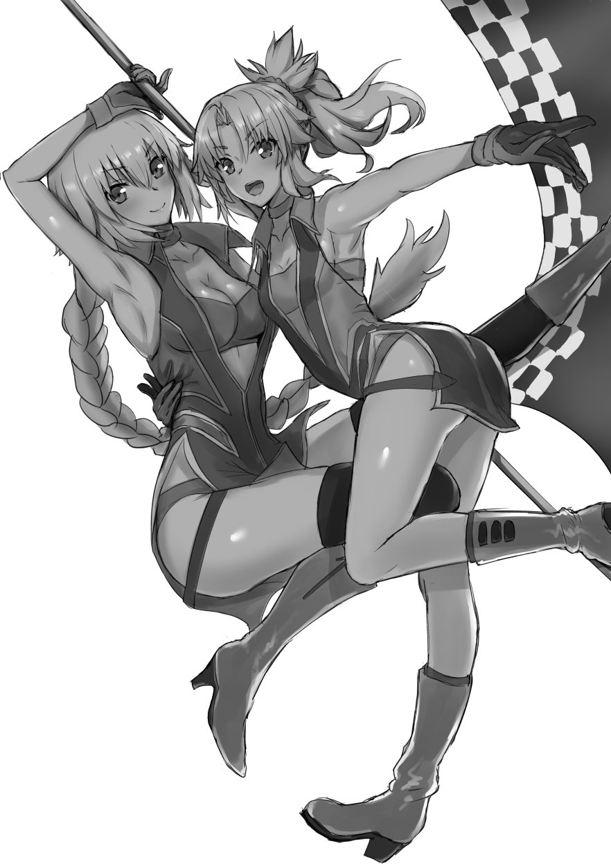 2girls akatsuki_ikki bangs black_legwear booth boots braid braided_ponytail eyebrows_behind_hair eyebrows_visible_through_hair fate/apocrypha fate/grand_order fate_(series) flag gloves greyscale hair_between_eyes highres holding holding_flag jeanne_d'arc_(fate) jeanne_d'arc_(fate)_(all) leg_belt long_hair looking_at_viewer monochrome mordred_(fate) mordred_(fate)_(all) multiple_girls open_mouth ponytail racequeen shorts simple_background smile thigh-highs white_background