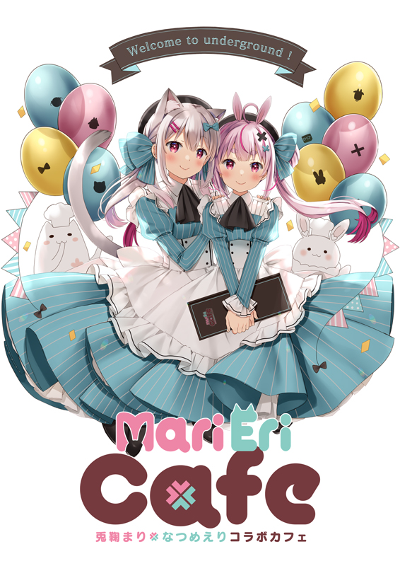 2girls animal_ears apron balloon bangs black_footwear blue_dress blush cat_ears cat_girl cat_tail closed_mouth commentary_request confetti dress english_text eyebrows_visible_through_hair frilled_apron frills grey_hair hair_between_eyes hair_ornament hairclip juliet_sleeves long_hair long_sleeves looking_at_viewer multicolored_hair multiple_girls natsume_eri original pennant pink_hair pleated_dress puffy_sleeves purple_hair rabbit_ears red_eyes shoes simple_background sleeves_past_wrists smile streaked_hair string_of_flags striped tail tail_raised tomari_mari tomari_mari_channel translation_request twintails vertical-striped_dress vertical_stripes very_long_hair virtual_youtuber white_apron white_background