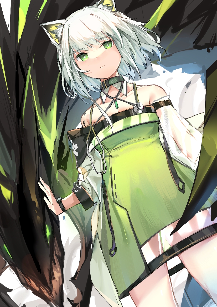 1girl 1other animal_ear_fluff arknights bare_shoulders breasts chinese_commentary collar collarbone commentary cowboy_shot detached_collar dress dutch_angle green_collar green_dress green_eyes green_hair kal'tsit_(arknights) looking_at_viewer lynx_ears mon3tr_(arknights) monster off-shoulder_dress off_shoulder oripathy_lesion_(arknights) petting see-through short_hair small_breasts stethoscope ta_nuki watch watch white_sleeves