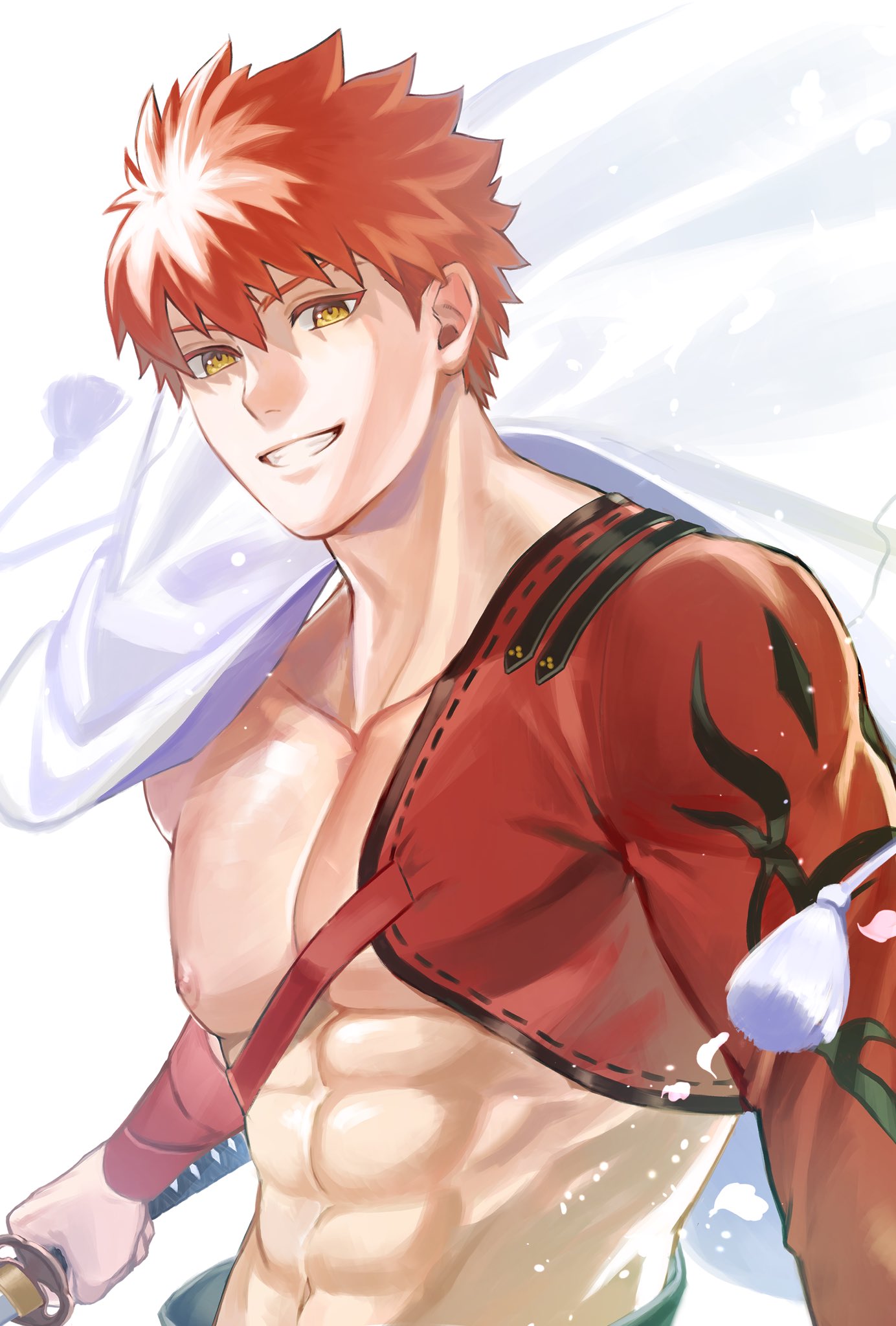 1boy abs bangs cape emiya_shirou fate/grand_order fate_(series) grin highres holding holding_sword holding_weapon igote katana limited/zero_over looking_at_viewer male_focus muscular muscular_male nipples orange_hair pectorals sengo_muramasa_(fate) smile solo sword syo_chikubai tassel upper_body weapon wristband yellow_eyes