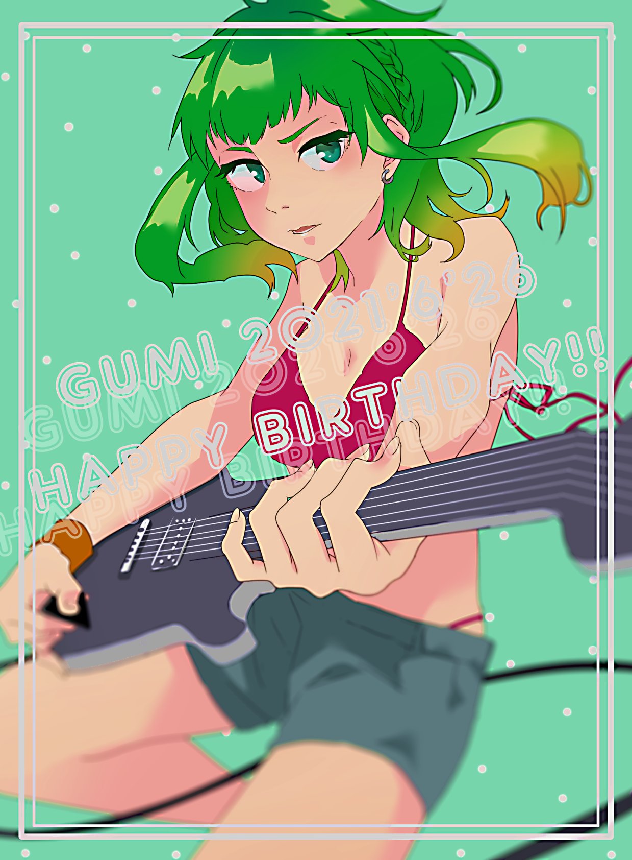 1girl bra braid character_name commentary cowboy_shot dated earrings electric_guitar foreshortening green_background green_eyes green_hair guitar gumi happy_birthday highres holding holding_instrument instrument jewelry looking_at_viewer minmidesign music panty_straps parted_lips playing_instrument plectrum red_bra short_shorts shorts sidelocks solo underwear vocaloid wristband